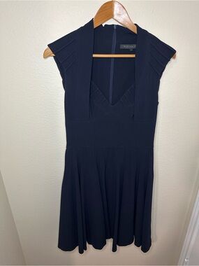 Rubin Singer Navy Fit & Flare Dress Pleated V Neck Cap Sleeve Size 10 USA